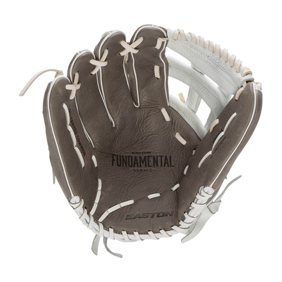 Front view of a dark brown fastpitch softball glove with white lacing, white trim, and EASTON FUNDAMENTAL on the palm.