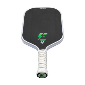 Front view of a black pickleball paddle with a green Electrum logo and white grip.