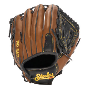 Front view of a brown baseball glove with black accents, yellow stitching, and PRO SELECT and Shoeless Joe branding.