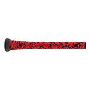 Side view of a red baseball bat with a black end cap and black tribal grip pattern.