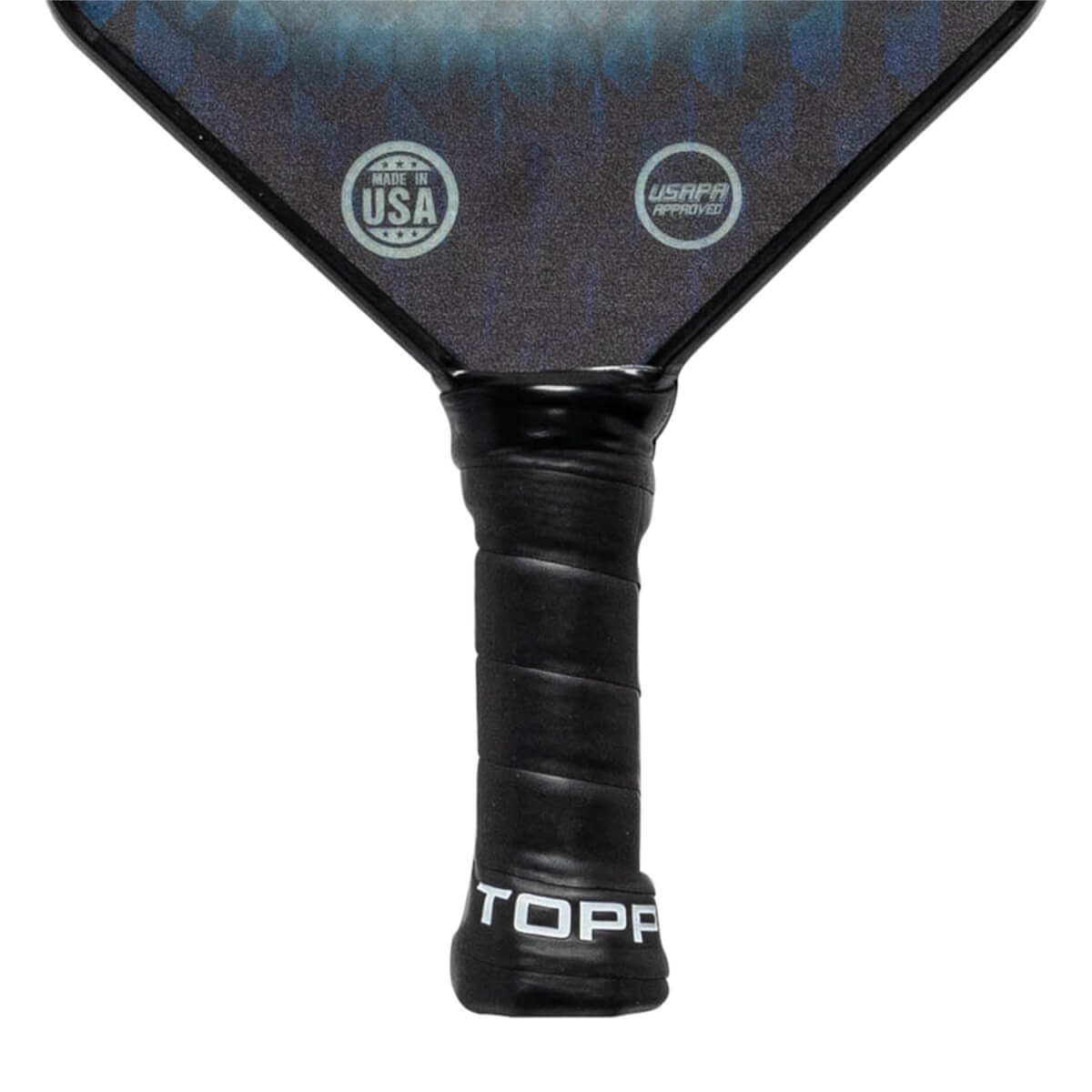 Top-down view of a black pickleball paddle with MADE IN USA and USAPA APPROVED logos and TOPP branding on the grip.