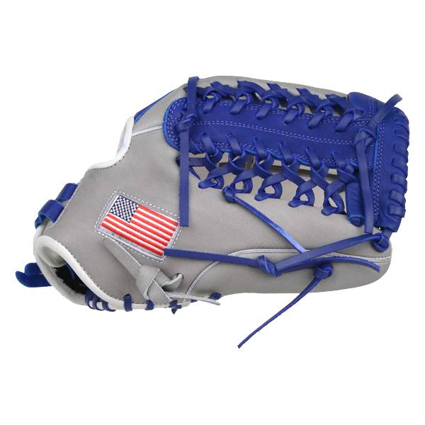 Side view of a gray baseball glove with royal blue laces and an American flag patch.