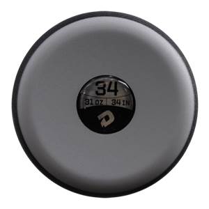 Top-down view of a gray baseball bat end cap with 34, 31 OZ, 34 IN, and a DeMarini logo.