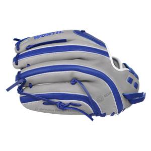Side view of a gray and royal blue baseball glove with WORTH branding and Performance through Techn text.