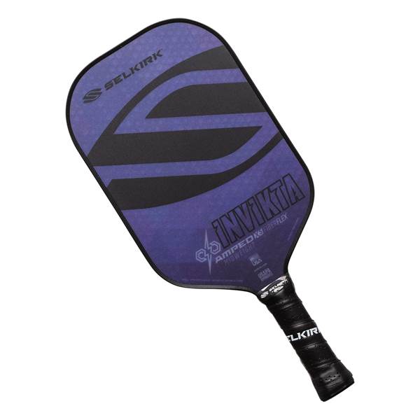 Top-down view of a purple and black pickleball paddle with INV IKTA and AMPED text.
