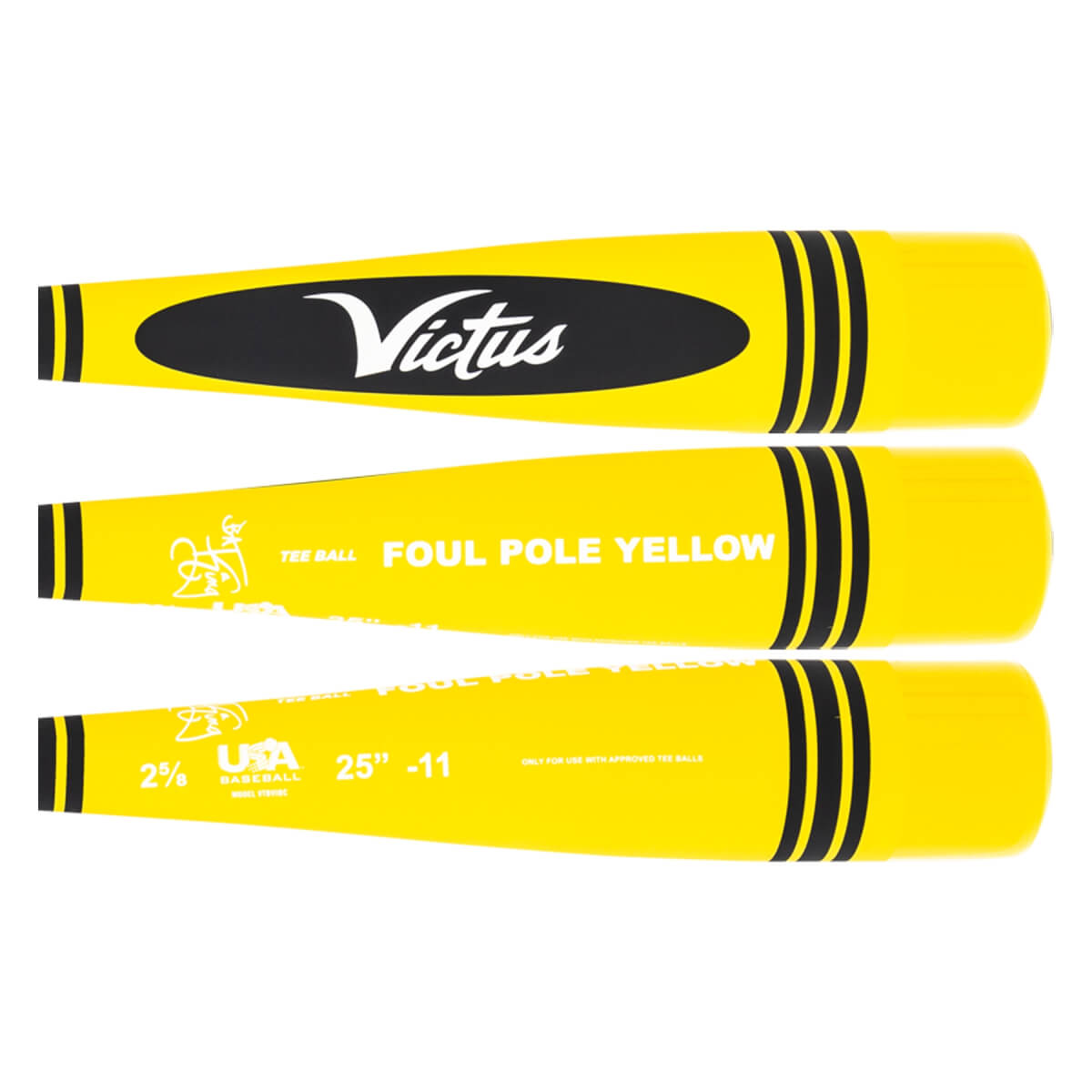 Top-down view of three yellow Victus baseball bats with black accents and branding.