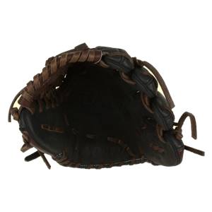 Top-down view of a black baseball glove with brown lacing and a deep pocket.