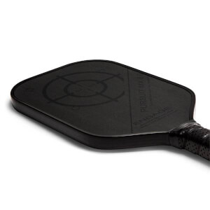 Top-down view of a black pickleball paddle with a target design and ENGAGE PURSUIT MX 6.0 text.