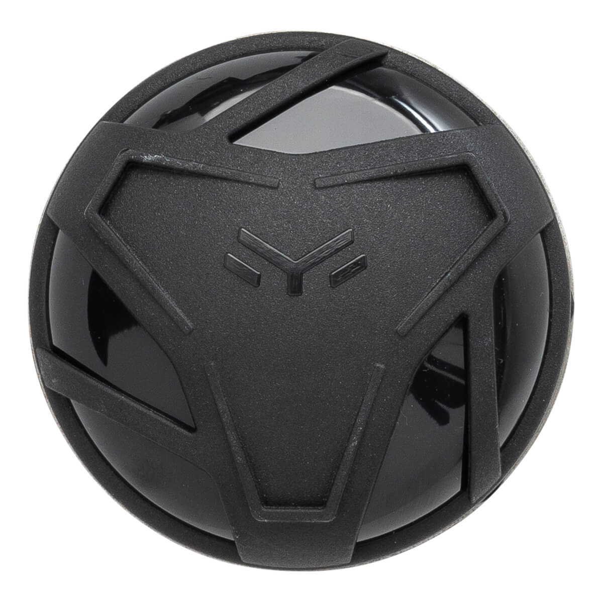 Top-down view of a black baseball bat end cap with a geometric pattern and a central logo.