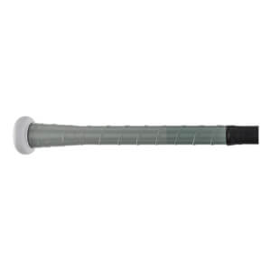 Close-up of the bat handle featuring a grey spiral-wrapped grip, a light grey rounded knob at the base, and a black section at the top.