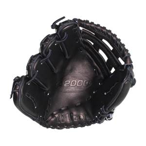 Top-down view of a black baseball glove with 2000 and Wilson branding.