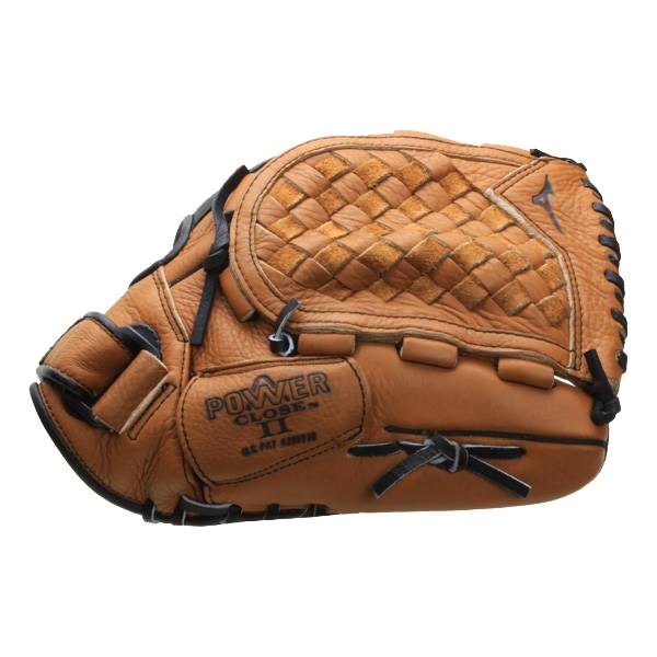 Top-down view of a tan baseball glove with a woven palm and POWER CLOSE II branding.