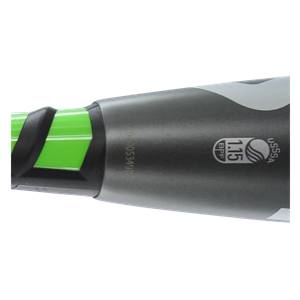 Close-up of a gray baseball bat with a green grip, USSSA 1.15 BPF logo, and serial number.