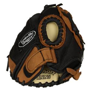 Close-up of a black and tan youth baseball glove with Louisville Slugger logo and SOFT LINING text.