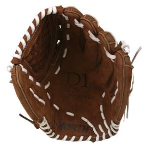 Top-down view of a brown baseball glove with white lacing and D1 Series and WORTH branding.