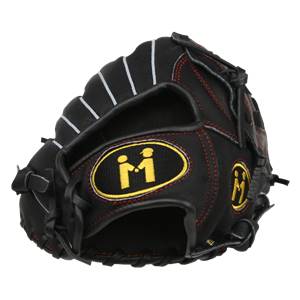 Side view of a black baseball glove with red stitching and a yellow M logo.