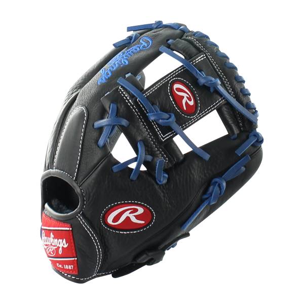 Front view of a black baseball glove with blue lacing and red Rawlings branding.