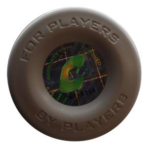 Top-down view of a brown softball bat end cap with FOR PLAYERS BY PLAYERS text and a holographic warranty sticker.