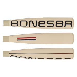 Three side panels of a cream baseball bat displaying BONESBR HYBRID text and a WARSTIC logo with red and blue stripes.