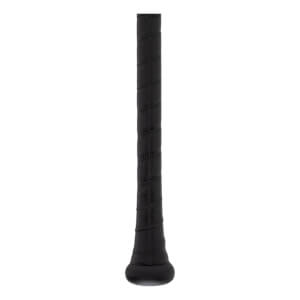 Close-up of a black baseball bat grip with a textured, spiral-wrapped surface and a rounded knob.