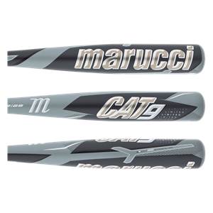 Side view of a gray and black baseball bat with Marucci and CAT9 logos.