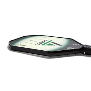 Side view of a black pickleball paddle with the TOPP logo and green accents.