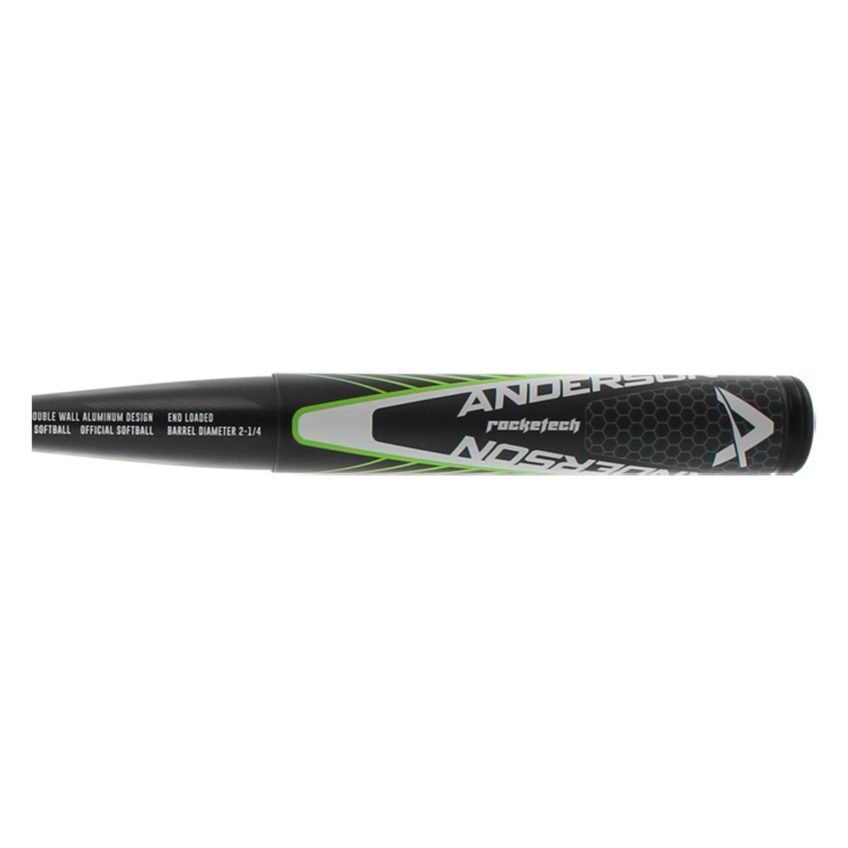 Side view of a black and green Anderson Rocketech softball bat with honeycomb grip and text details.