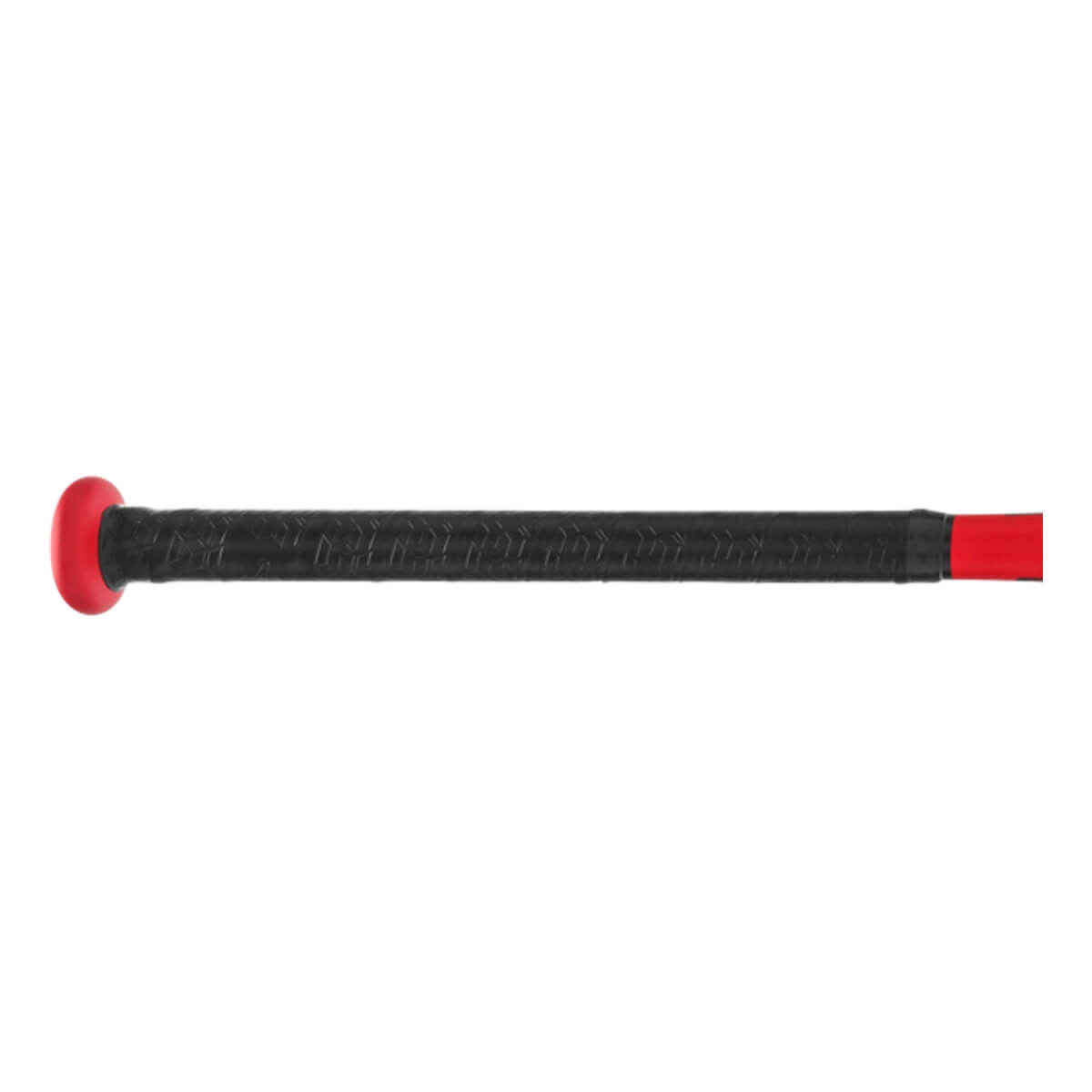 Side view of a black slow pitch softball bat with a red end cap and textured grip.