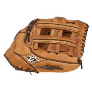 Side view of a tan baseball glove with a webbed pocket and embroidered Easton logo.