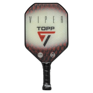 Front view of a white pickleball paddle with red and black accents, VIPER and TOPP text, and USA and USAPA logos.