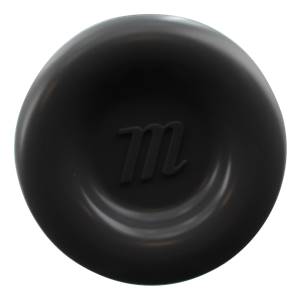Top-down view of a black baseball bat end cap with a raised m logo.