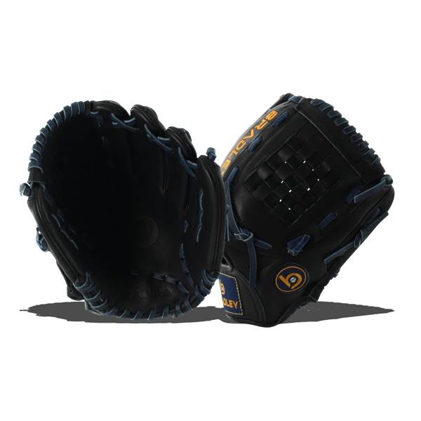 Front view of a black baseball glove with blue stitching and BRADLEY text.