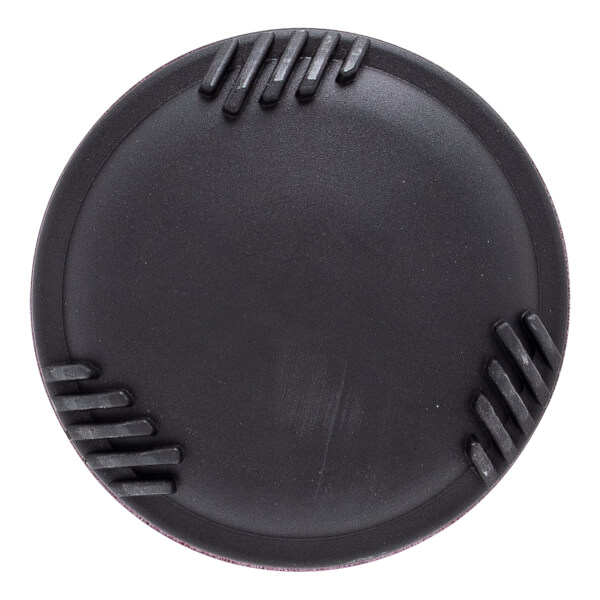 Top-down view of a black baseball bat end cap with ribbed texture details.