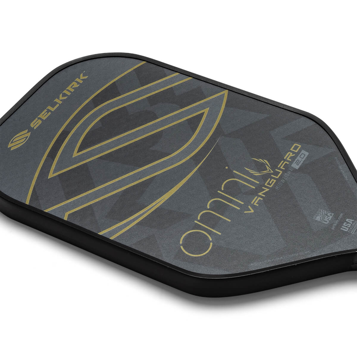 Top-down view of a gray pickleball paddle with gold Selkirk branding and Omni Vanguard 2.0 text.
