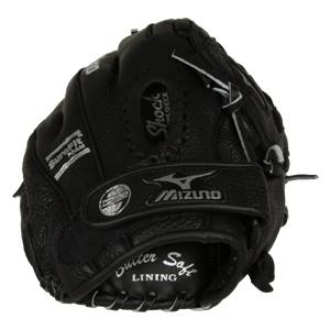 Front view of a black baseball glove with Mizuno logo, Shock, SureFit Foam, and Outer Soft Lining text.