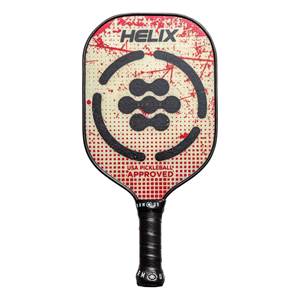 Front view of a white and red pickleball paddle with HELIX text, a circular graphic, and USA PICKLEBALL APPROVED text.