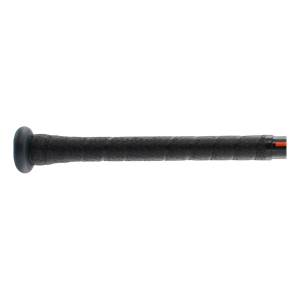 Side view of a black baseball bat with a textured grip and orange accents.