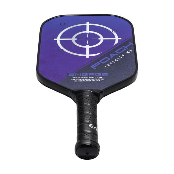 Top-down view of a purple and black pickleball paddle with a target design and POACH INFINITY MX text.