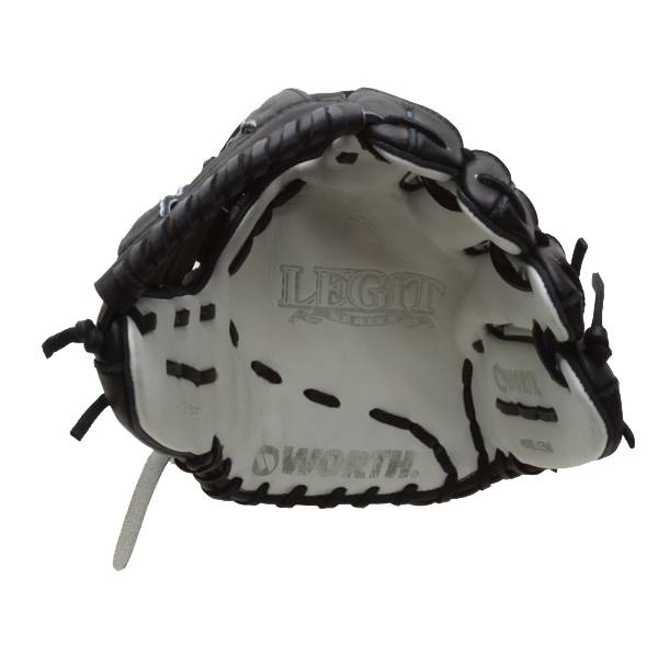 Interior view of a black and white softball glove with LEGIT and WORTH branding.