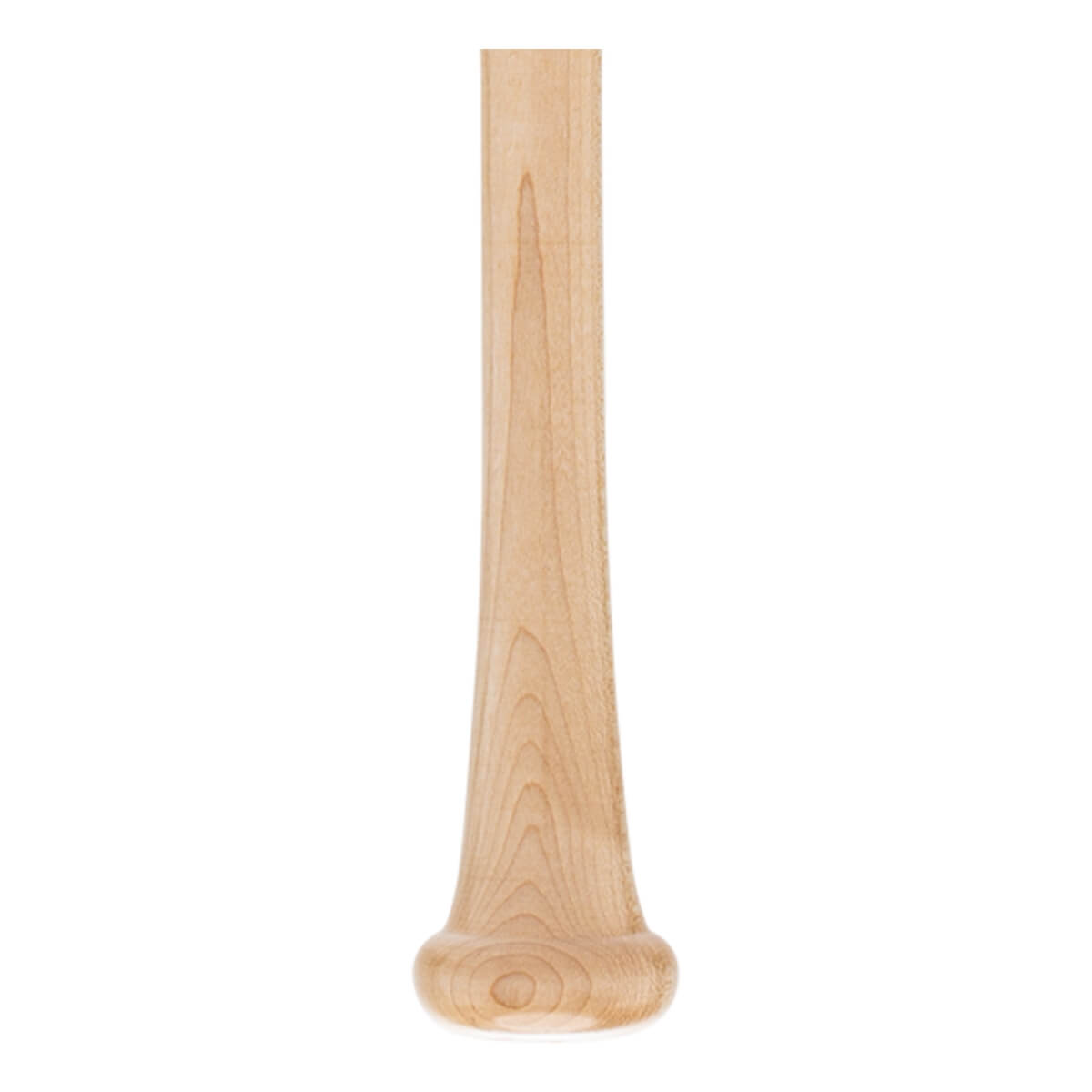 Bottom view of a natural wood baseball bat with a rounded knob and smooth finish.