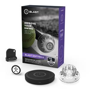 Front view of a Blast Softball Swing Analyzer box with a softball and sensor, plus accessories.