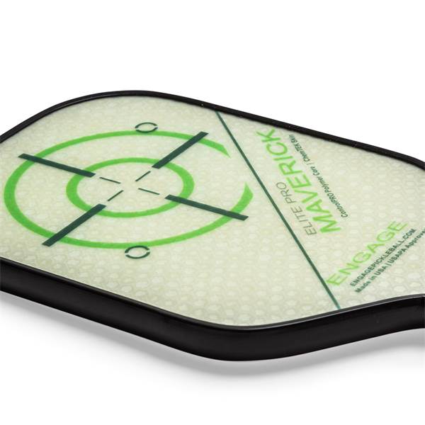Corner view of a white pickleball paddle with green target design and Maverick Elite Pro branding.