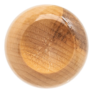 Top-down view of a natural wood baseball bat end with circular wood grain and a smooth, glossy surface.