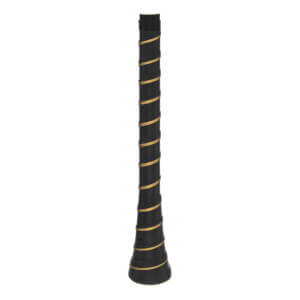 Close-up of a black baseball bat grip with gold spiral accents.