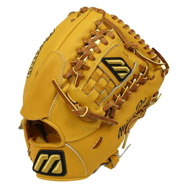 Corner view of a tan baseball glove with a black Mizuno logo and Mizuno Pro text.