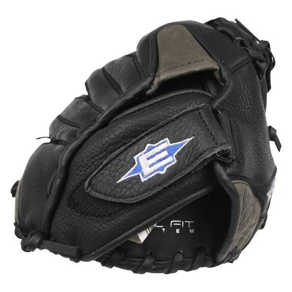 Corner view of a black Easton Synergy Fastpitch glove with a blue and white logo and FIT text.