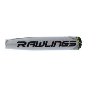 Side view of a white baseball bat with black Rawlings branding and a lime green accent.