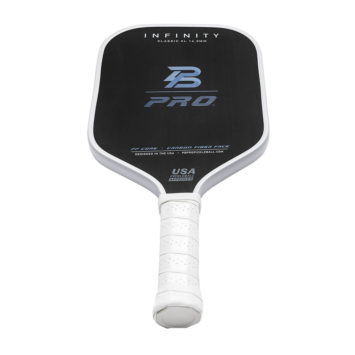 Front view of a black pickleball paddle with white grip, INFINITY, B PRO, and USA PICKLEBALL APPROVED text.