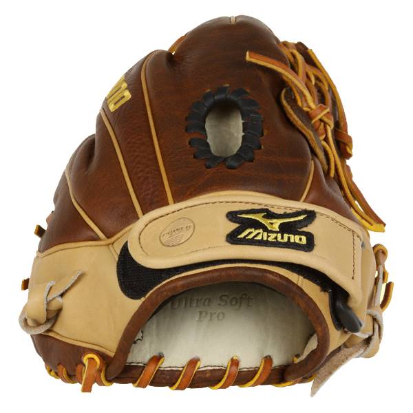 Back view of a brown and tan baseball glove with Mizuno branding and Ultra Soft Pro text.