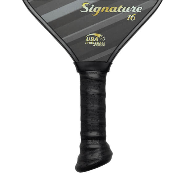 Top-down view of a black pickleball paddle with Signature 16 and USA Pickleball Approved logo.